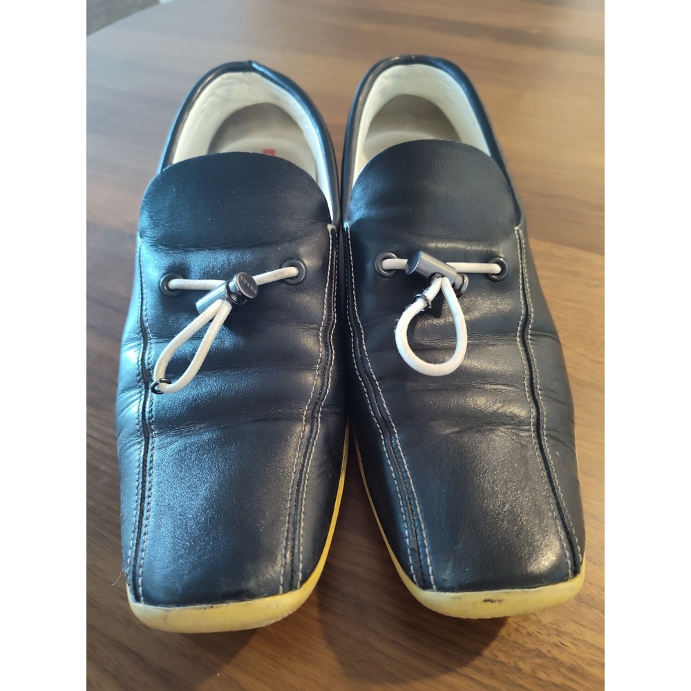 Prada Sport Navy Leather Drawstring Toggle Loafers Square Toe 1359 37 Made Italy